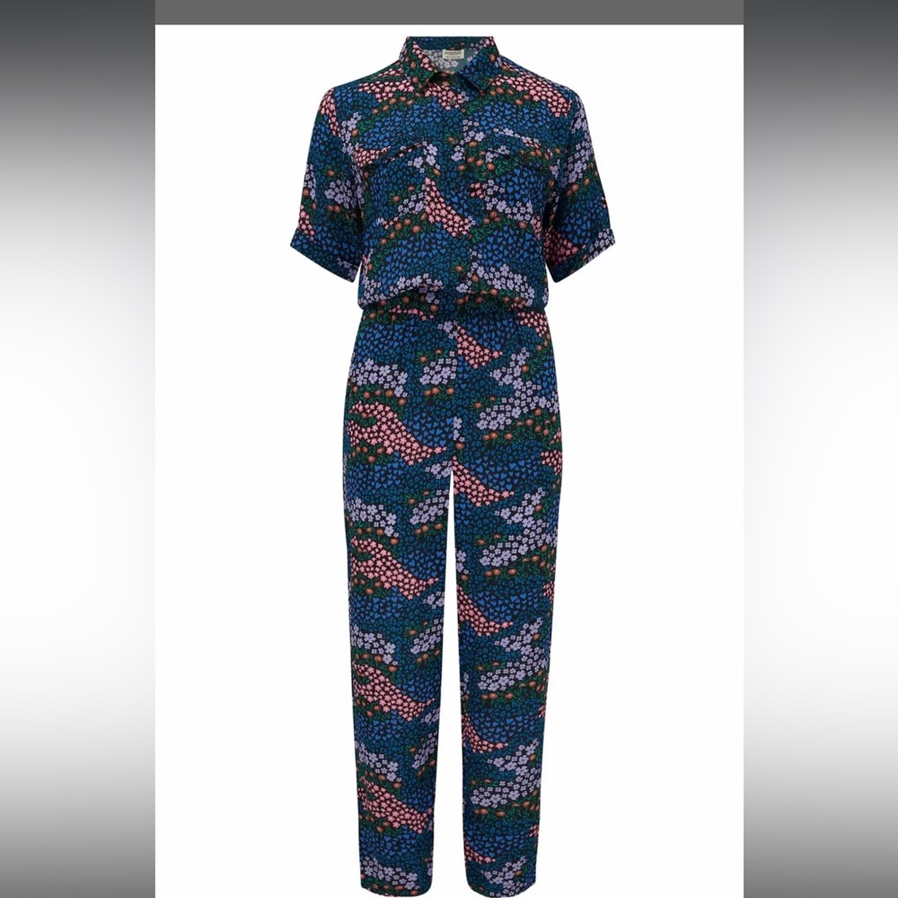 Floral Print Short-Sleeve Jumpsuit in Navy and Pink